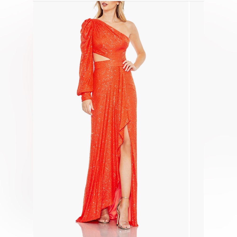 Ieena for Mac Duggal Orange Sequin Cut Out One Shoulder Gown